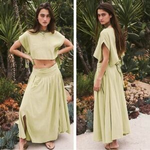 Free People green linen skirt and top.